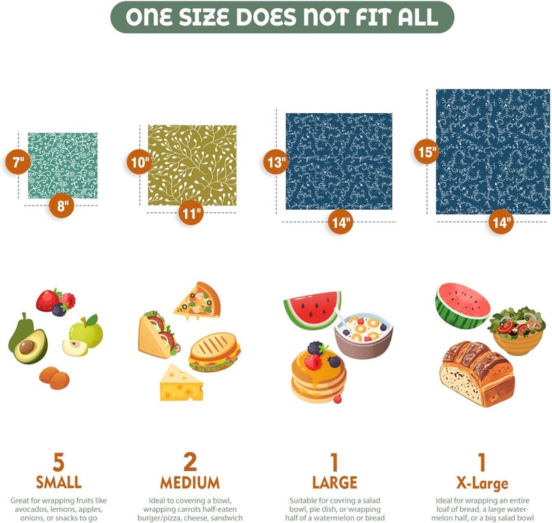 Akeeko Reusable Beeswax Food Wraps - Assorted 9 Packs, Reusable, Plastic-Free Food Storage, 5 Small, 2 Medium, 1 Large, 1 Extra Large Wraps with Abstract Curves Pattern - Image 2